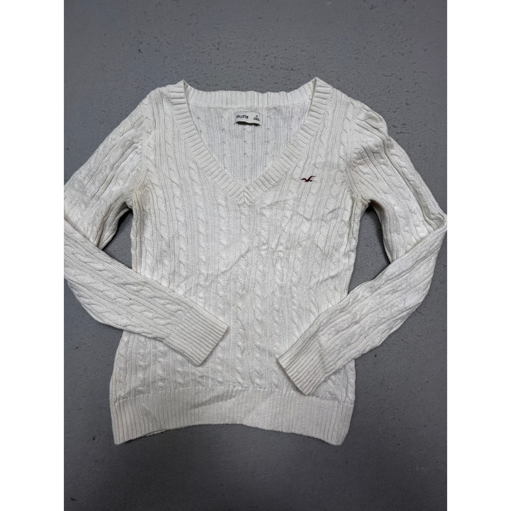 Hollister V-Neck Sweater Cotton Blend White Cable Knit Medium Womens